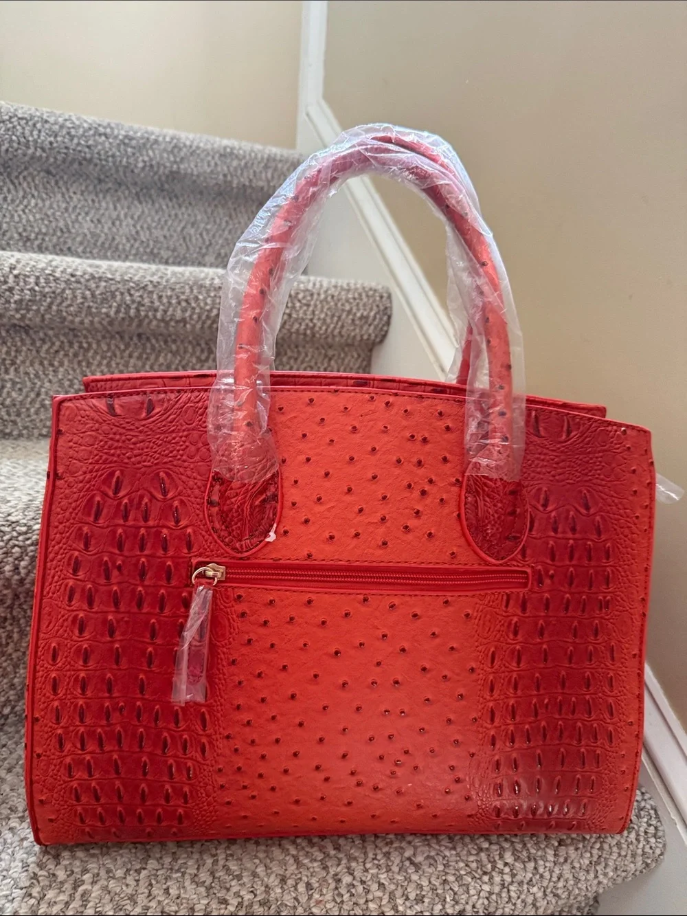 Burnt Orange Ostrich-Texture Tote & Wallet Set